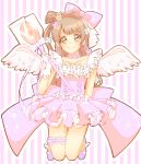  angel_wings bow brown_eyes brown_hair candy chiroru_(uarmm) choker collarbone crown dress earrings flower frilled_dress frills hair_bow jewelry kneeling leg_band lollipop long_hair love_live!_school_idol_project minami_kotori mini_crown no_socks pink_dress ribbon side_ponytail slippers smile striped striped_background veil wings 