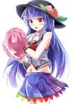  1girl adapted_costume bangs bare_shoulders blue_eyes blush cowboy_shot e.o. food fruit hat highres hinanawi_tenshi long_hair open_mouth peach pom_poms red_eyes simple_background skirt sleeveless solo standing touhou very_long_hair white_background 