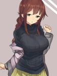  1girl baffu bangs black_sweater blush braid breasts brown_hair green_eyes highres jacket kantai_collection large_breasts long_hair long_sleeves looking_at_viewer noshiro_(kantai_collection) off_shoulder pleated_skirt ribbed_sweater skirt solo sweater turtleneck upper_body yellow_skirt 