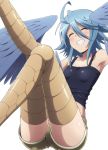  1girl antenna_hair bird_legs blue_hair blush clouds feathers harpy monster_girl monster_musume_no_iru_nichijou papi_(monster_musume) shorts small_breasts smile talons tank_top wings 