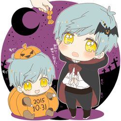  2015 2boys aqua_hair baby candy cape child crescent_moon cross dated dual_persona halloween ichigo_hitofuri male_focus moon multiple_boys open_mouth pumpkin_costume sayu030b sitting smile touken_ranbu translation_request yellow_eyes younger 