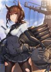  1girl black_legwear blue_sky brown_hair cannon chou-10cm-hou-chan clothes_writing clouds hairband hatsuzuki_(kantai_collection) kantai_collection lemoo pantyhose ponytail sky turret 