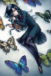  1girl black_dress black_hair book butterfly dearrose dress highres looking_at_viewer lying necktie needle on_side original pantyhose shoes 
