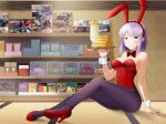  1girl animal_ears bag_of_chips bangs bare_shoulders blue_eyes blurry bow bowtie bunnysuit comic dagashi_kashi detached_collar eyebrows eyebrows_visible_through_hair fake_animal_ears food glass high_heels holding holding_tray indoors kneepits knees_up leotard looking_at_viewer package pantyhose pigeon-toed poster_(object) purple_hair purple_legwear rabbit_ears red_bow red_bowtie red_shoes shelf shidare_hotaru shoes shop short_hair skin_tight smile solo sweets takahirokun toy transparent tray tsurime visible_ears wrist_cuffs 