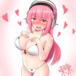  1girl bikini blush breasts cleavage headphones heart heart-shaped_pupils highres large_breasts long_hair looking_at_viewer midriff navel nitroplus open_mouth pink_hair red_eyes smile solo super_sonico swimsuit symbol-shaped_pupils tras030303 white_bikini 