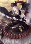  1girl asymmetrical_wings bat_wings black_dress bracer chaos_goddess crown dress drill_hair duel_monster highres long_hair red_eyes rr_(rr2) silver_hair sitting skull skull_necklace solo staff twin_drills wings yuu-gi-ou 