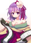  1girl beni_shake breasts cleavage flower hair_flower hair_ornament hieda_no_akyuu japanese_clothes kimono off_shoulder open_mouth purple_hair scroll solo touhou violet_eyes 
