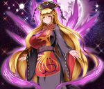  1girl bangs big_hair black_dress blonde_hair blush breasts covered_nipples dress energy fox_tail full_moon hat junko_(touhou) kuzunoha_kaede large_breasts long_hair long_sleeves looking_at_viewer moon multiple_tails obi open_hands red_eyes ribbon sash shiny shiny_clothes shiny_hair smile solo space sparkle tail touhou very_long_hair wide_sleeves 