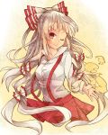  1girl ;) adapted_costume bow fujiwara_no_mokou hair_bow nomi_(15175687) one_eye_closed red_eyes skirt smile suspenders touhou white_hair 