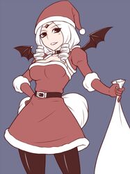  1girl asymmetrical_wings bag bat_wings belt black_eyes chaos_goddess detached_sleeves drill_hair duel_monster looking_at_viewer pantyhose pataniito santa_costume silver_hair solo twin_drills wings yuu-gi-ou 