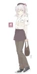 1girl alternate_costume arm_behind_back blue_eyes full_body kantai_collection kashima_(kantai_collection) kawashina_(momen_silicon) logo looking_at_viewer name_tag pants shoes sidelocks silver_hair simple_background smile sneakers solo twintails uniform wavy_hair 