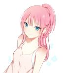  1girl blue_eyes high_ponytail long_hair lp_(hamasa00) original pink_hair pink_shirt ponytail shirt simple_background solo white_background 
