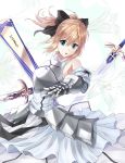  1girl armor armored_dress armpits black_ribbon excalibur fate/stay_night fate_(series) gauntlets green_eyes hair_ribbon highres holding_sword holding_weapon light_brown_hair long_hair ribbon saber saber_lily solo sword weapon 