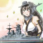  1girl abstract_background black_hair blush breasts cannon dazzled dual_persona gauntlets headgear hexagon imperial_japanese_navy jewelry kantai_collection kurokawa kurokawa_takeshi large_breasts long_hair mast military military_vehicle nagato_(battleship) nagato_(kantai_collection) neck_ring object_namesake open_mouth sparkle sparkling_eyes straight_hair turret vehicle 