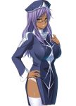  1girl breasts character_name dark_skin dress glasses green_eyes hand_on_hip hand_on_own_chest hat large_breasts looking_at_viewer m&amp;m purple_hair simple_background solo white_legwear 