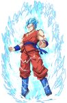  1boy aura blue_boots blue_eyes blue_hair boots clenched_hands dougi dragon_ball dragon_ball_super floating frown full_body kyougoku_touya male_focus muscle serious solo son_gohan super_saiyan super_saiyan_god_super_saiyan wristband 