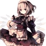 1girl apron bow braid corset dagger dress expressionless frills hair_bow highres izayoi_sakuya long_sleeves maid_headdress marker_(medium) puffy_sleeves short_hair silver_hair simple_background solo touhou traditional_media twin_braids upper_body waist_apron weapon white_background wiriam07 