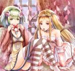  2girls android blonde_hair box chocolate chocolate_heart curtains detached_sleeves dimension_w dress elizabeth_greenhough-smith gift gift_box green_eyes green_hair headgear heart highres indoors jacket layered_dress long_hair multicolored_hair multiple_girls nikek96 red_eyes short_hair striped striped_legwear tail thigh-highs valentine window wings yurizaki_mira 