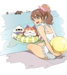  1girl 2boys beachball black_eyes blush brown_eyes brown_hair cat cute faceless ghost halterneck haruna_mahiru high_ponytail innertube jibanyan kodama_fumika level-5 long_hair looking_at_viewer looking_back multiple_boys no_pupils olm_digital oogama_(youkai_watch) open_mouth pendant_watch pool purple_lips scared simple_background sitting summer swimsuit tsuchigumo_(youkai_watch) watch water whisper_(youkai_watch) white_background white_swimsuit youkai youkai_watch youkai_watch_(object) 