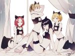  4girls :d alternate_costume animal_ears ankle_ribbon arm_support arms_up bangs barefoot bell bell_choker black_eyes black_hair black_panties blonde_hair blush breasts brown_eyes cat_cutout cat_ear_panties cat_ears cat_lingerie cat_pillow choker cleavage cleavage_cutout closed_mouth collarbone curtains dated frills glasses haikyuu!! hair_bell hair_ornament hair_ribbon hairband indoors jingle_bell kneeling leg_garter looking_at_viewer multiple_girls navel one_side_up open_mouth panties parted_bangs parted_lips ponytail profile red_eyes redhead ribbon rimless_glasses shimizu_kiyoko shirofuku_yukie short_hair side-tie_panties signature sitting small_breasts smile star_hair_ornament stomach suzumeda_kaori underwear underwear_only wrist_cuffs yachi_hitoka yasai_(getsu) yellow_eyes 