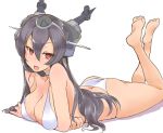  1girl arm_support ass bare_legs bare_shoulders barefoot bikini black_hair blush breasts feet hair_between_eyes headgear highres kantai_collection large_breasts long_hair looking_at_viewer lying midriff nagato_(kantai_collection) on_stomach open_mouth red_eyes simple_background solo swimsuit the_pose tori_kaku very_long_hair white_background white_bikini white_swimsuit 