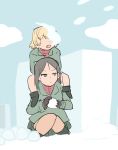  blonde_hair boots brown_eyes brown_hair coat commentary_request crossed_arms fang girls_und_panzer gloves katyusha knees_together_feet_apart long_hair miniskirt mo_(kireinamo) nonna open_mouth piggyback short_hair skirt snowball snowball_fight squatting wall 