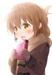  1girl bell_(oppore_coppore) blush box brown_gloves brown_hair commentary_request folded_ponytail gift gift_box gloves highres inazuma_(kantai_collection) incoming_gift jacket kantai_collection long_sleeves open_mouth scarf shy solo upper_body valentine wavy_hair winter_clothes yellow_eyes 