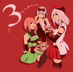  3girls alisa_ilinichina_amiella bare_shoulders black_gloves blue_eyes boots cake coffee coffee_cup cup daiba_canon elbow_gloves fingerless_gloves food gloves god_eater god_eater_2:_rage_burst hat long_hair looking_at_viewer multiple_girls open_mouth pantyhose pink_hair short_hair silver_hair simple_background skirt smile suspender_skirt suspenders thigh-highs thigh_boots 