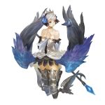  1girl armor armored_dress bare_shoulders choker crown dress griselda_(odin_sphere) gwendolyn hair_ornament hand_on_own_chest holding_weapon n.a. odin_sphere polearm short_hair simple_background solo spear strapless strapless_dress thigh-highs weapon white_hair wings 
