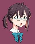  1girl birii blue-framed_glasses brown_hair glasses green_eyes kantai_collection okinami_(kantai_collection) open_mouth ribbon short_hair simple_background solo 