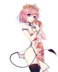  1girl bangs black_legwear blush bracelet breasts cat_cutout china_dress chinese_clothes cleavage cleavage_cutout demon_tail dress flower hair_flower hair_ornament heart-shaped_box highres holding jewelry looking_at_viewer momo_velia_deviluke no_panties pink_hair short_hair short_sleeves side_slit simple_background solo standing tail thigh-highs to_love-ru tongue tongue_out violet_eyes wait white_background 