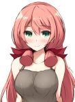 1girl akashi_(kantai_collection) apron bare_shoulders blush breasts don_(29219) green_eyes hair_ribbon kantai_collection large_breasts long_hair looking_at_viewer naked_apron pink_hair ribbon simple_background solo tress_ribbon twintails twitter_username upper_body white_background 