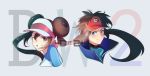  1boy 1girl blue_eyes brown_hair highres kyouhei_(pokemon) mei_(pokemon) pokemon pokemon_(game) pokemon_bw2 sly-8 smile twintails visor_cap 