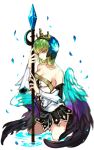  1girl breasts c.c. cleavage code_geass creayus crown detached_sleeves feathered_wings green_hair gwendolyn_(cosplay) holding_weapon long_hair looking_at_viewer odin_sphere polearm smile solo spear weapon wings yellow_eyes 