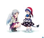  2girls :3 angel_wings black_dress blue_eyes blue_hair blush book boots braid brown_boots brown_jacket commentary_request doremy_sweet dress finger_to_mouth french_braid grey_wings hat highres holding holding_book kishin_sagume layered_dress looking_at_another multicolored_dress multiple_girls nightcap one_eye_closed pom_pom_(clothes) purple_dress red_eyes shoes short_hair silver_hair simple_background single_wing sisikuku smile squatting tail thighs touhou white_background white_dress white_shoes wings younger 