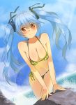  1girl bikini blue_hair blush breasts camouflage camouflage_bikini clouds cloudy_sky hair_ribbon highres lens_flare long_hair looking_at_viewer navel ocean original oxxo_(dlengur) red_eyes ribbon rock side-tie_bikini sky smile solo swimsuit twintails waves 