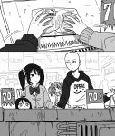  anyan_(jooho) bag bald character_request clothes_writing commentary crossover food groceries highres hood hoodie love_live!_school_idol_project meat monochrome multiple_girls one-punch_man saitama_(one-punch_man) sale school_uniform shopping_bag siblings twintails yazawa_nico 