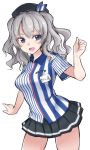 1girl blue_eyes cossory employee_uniform hat highres kantai_collection kashima_(kantai_collection) lawson long_hair shirt silver_hair standing striped striped_shirt twintails uniform 