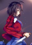  1girl absurdres ahoge brown_hair fur-trimmed_jacket highres jacket japanese_clothes jewelry kara_no_kyoukai kimono knife lucky_(1045044604) multicolored_eyes ring ryougi_shiki short_hair solo 