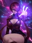  1girl breasts cleavage cleavage_cutout cropped_jacket dark_persona dark_skin earrings hair_over_eyes highres jewelry large_breasts leotard lipstick long_hair makeup miniskirt orochi_shermie purple_hair shermie skirt solo split_ponytail the_king_of_fighters twintails xiaoguimist 