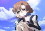  1girl blush brown_eyes clouds hand_on_own_cheek head_rest isumi_sayaka jacket long_sleeves looking_at_viewer orange_hair shiny shiny_hair short_hair sky smile solo soukyuu_no_fafner squatting toomi_maya uniform 