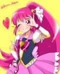  1girl aino_megumi bow brooch cowboy_shot cure_lovely don_(748826) earrings hair_ornament hand_on_hip happinesscharge_precure! heart heart_earrings heart_hair_ornament jewelry long_hair looking_at_viewer magical_girl money_gesture one_eye_closed pink_bow pink_eyes pink_hair pink_skirt precure skirt smile solo twitter_username wrist_cuffs yellow_background 