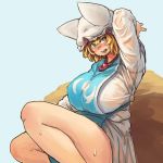  1girl blonde_hair blue_background breasts brown_eyes chanta_(ayatakaoisii) fox_tail hat huge_breasts multiple_tails short_hair simple_background solo sweat sweating tail thighs touhou wet_clothes yakumo_ran 