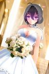  1girl absurdres ahoge antenna_hair bare_shoulders beifeng_han black_hair bouquet breasts bridal_gauntlets bridal_veil bride cleavage collarbone dress flower hair_between_eyes hair_up highres large_breasts looking_at_viewer miyaura_sanshio off_shoulder original sideboob smile solo veil violet_eyes wedding_dress white_dress 