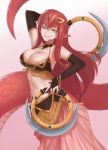  1girl arm_up bare_shoulders breasts bridal_gauntlets cleavage dual_wielding hair_ornament hairclip highres jiffic lamia large_breasts long_hair looking_at_viewer miia_(monster_musume) monster_girl monster_musume_no_iru_nichijou navel pointy_ears redhead scales simple_background slit_pupils smile solo weapon yellow_eyes 