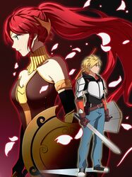  1girl absurdres blonde_hair breasts elbow_gloves forehead_protector gloves green_eyes highres jaune_arc kurohane long_hair ponytail profile pyrrha_nikos redhead rwby shield short_hair sword tears weapon 