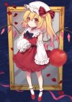  1girl alternate_costume apple arm_at_side bangs black_bow black_bowtie black_choker blonde_hair blush bow bowtie choker closed_mouth commentary_request crystal dress eyelashes flandre_scarlet food frilled_shirt_collar frilled_sleeves frills fruit full_body hat hat_bow heart highres kyouda_suzuka long_sleeves looking_at_viewer mob_cap one_side_up petals photo_frame red_bow red_dress red_footwear rose_petals short_hair short_hair_with_locks side_ponytail smile socks solo standing striped striped_bow touhou white_headwear white_legwear wings 