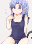  ... 1girl :&lt; blue_hair braid cat_tail collarbone hair_intakes len melty_blood pointy_ears red_eyes school_swimsuit sidelocks simple_background sitting solo spoken_ellipsis swimsuit tail tsukihime 