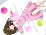  1girl bakemonogatari brown_eyes brown_hair dress karuta_(karuta01) lying monogatari_(series) panties pantyshot sengoku_nadeko short_hair striped striped_panties underwear 