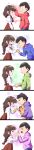  1girl 5boys :d ^_^ absurdres animal bangs black_eyes black_hair blue_pants blue_ribbon blunt_bangs braid brothers brown_eyes brown_hair cat closed_eyes closed_mouth comic esper_nyanko eyebrows eyebrows_visible_through_hair flying_sweatdrops freckles from_side hair_over_shoulder hand_in_pocket handshake high_five highres holding_animal holding_hands hood hood_down hoodie juushimatsu&#039;s_girlfriend kozakura_(i_s_15) laughing leaning_forward long_hair long_image long_sleeves looking_at_another matsuno_choromatsu matsuno_ichimatsu matsuno_karamatsu matsuno_osomatsu matsuno_todomatsu messy_hair motion_lines multiple_boys neck_ribbon open_mouth osomatsu-kun osomatsu-san pants profile red_skirt ribbon shirt siblings silent_comic single_braid skirt smile tall_image track_pants white_shirt wristband 